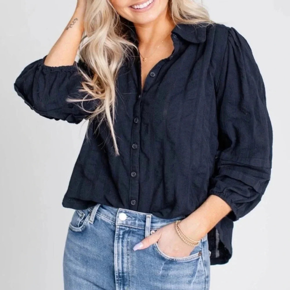 FREE PEOPLE Happy Days Balloon Sleeve Button Down Top Size XS - Picture 1 of 9